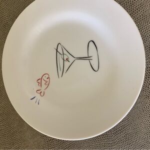 Pottery Barn White Plate with Martini and Fish Design